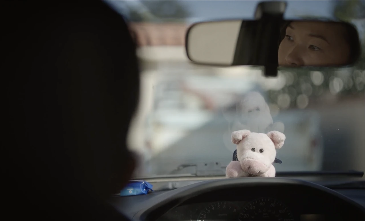 A driver looks into the rear-view mirror above a small plush toy on the dashboard.
