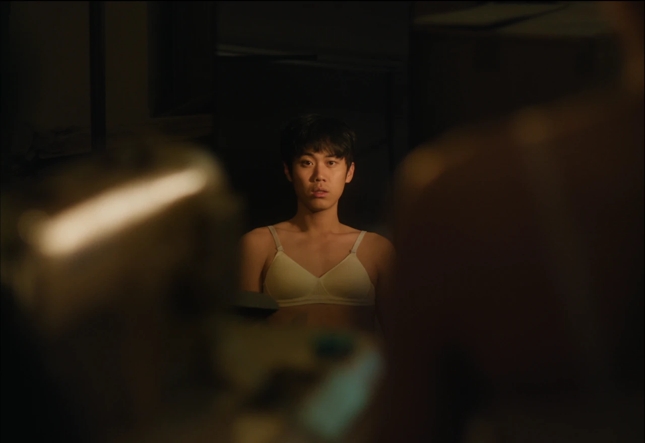 A young person wearing a camisole, seen through blurred sewing equipment.